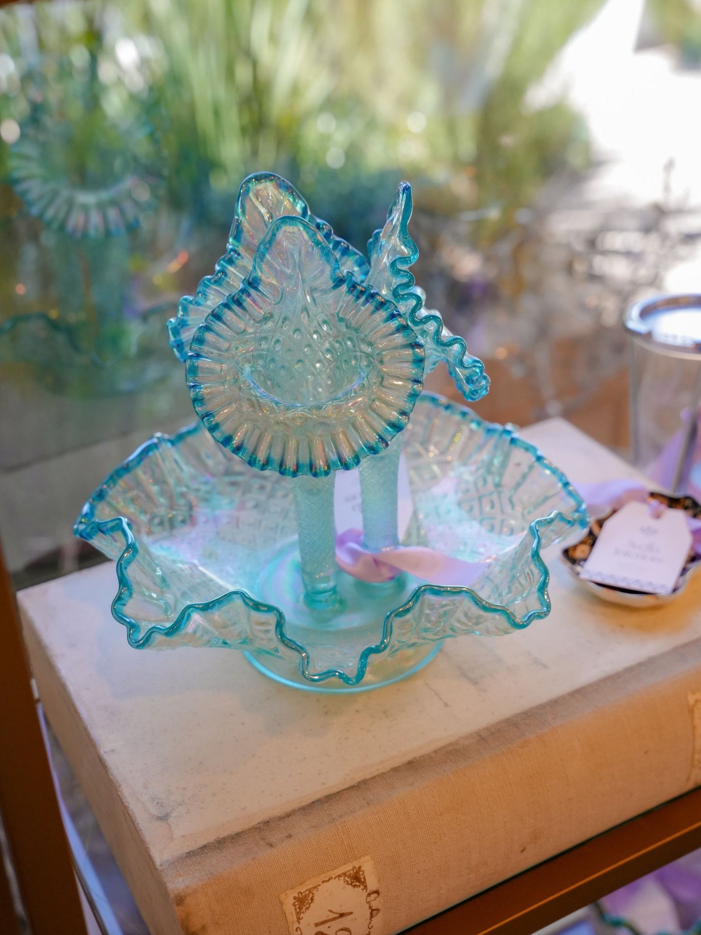 Rare Vintage Opalescent Diamond Hobnail 3 Horn in Fenton Glass