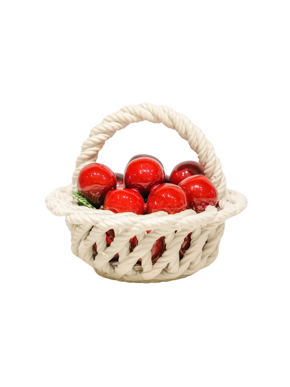 Vintage Italian Ceramic Cherries in Woven White Basket
