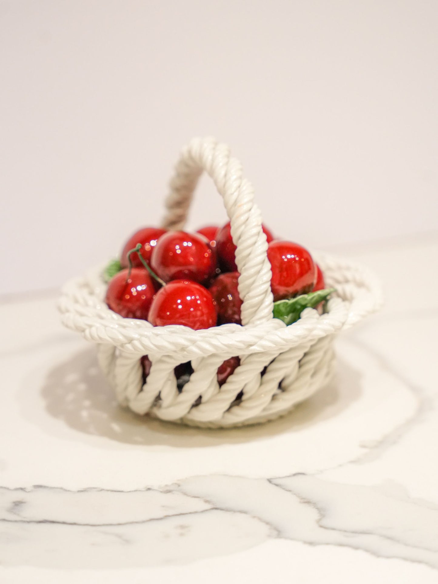 Vintage Italian Ceramic Cherries in Woven White Basket