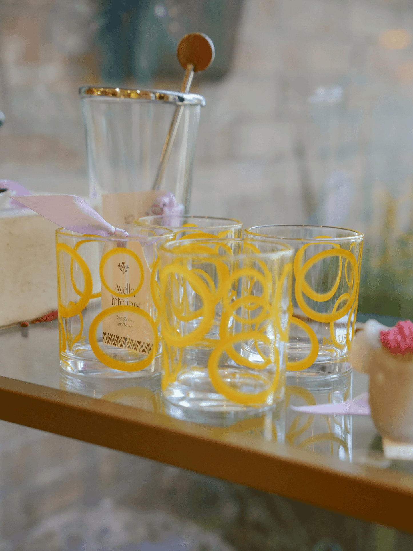 Mid Century Yellow Circle Glasses (Set of 4)