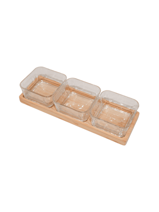 Mid Century Wooden Serving Tray with 3-Glass Dishes