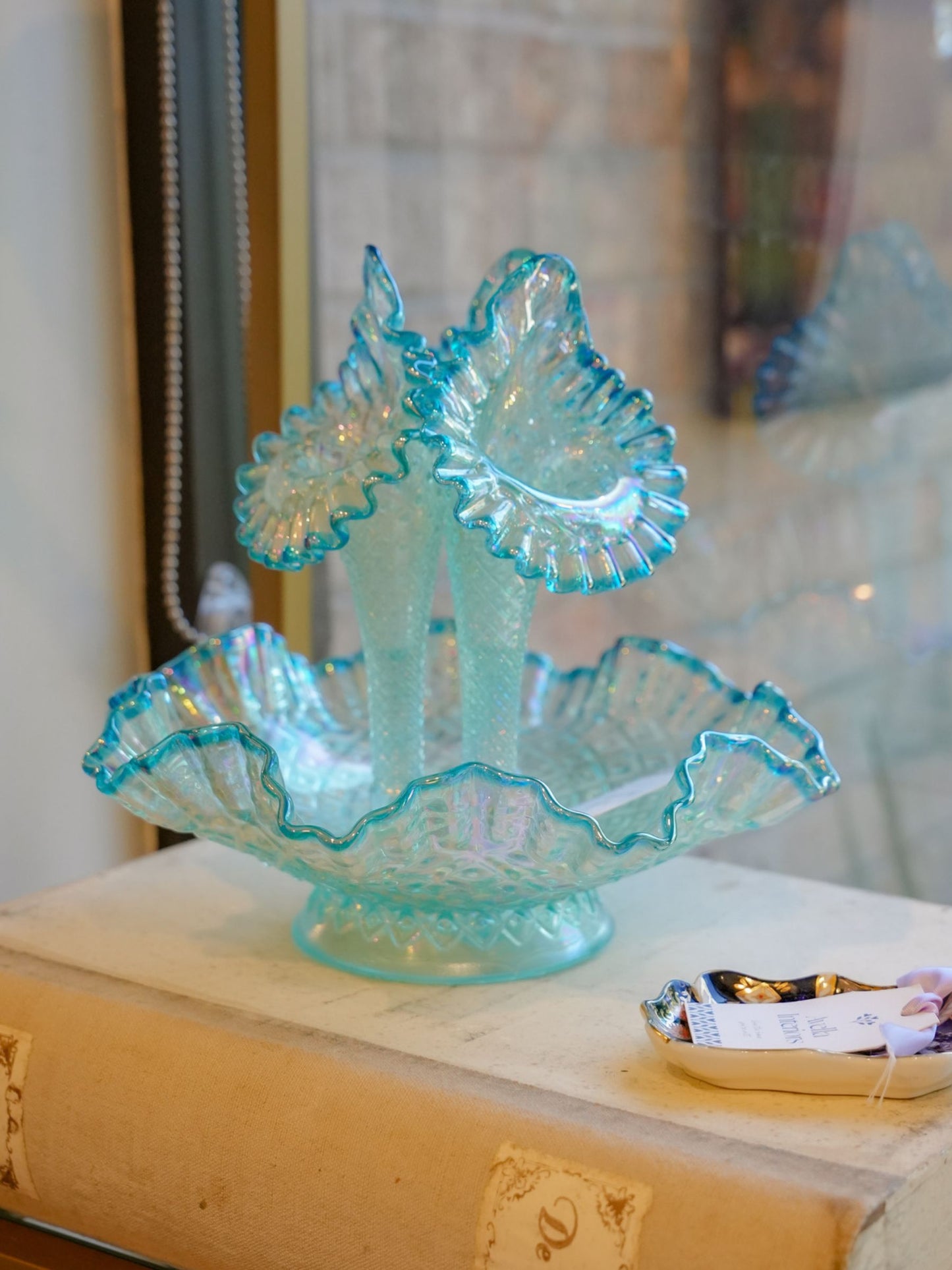 Rare Vintage Opalescent Diamond Hobnail 3 Horn in Fenton Glass