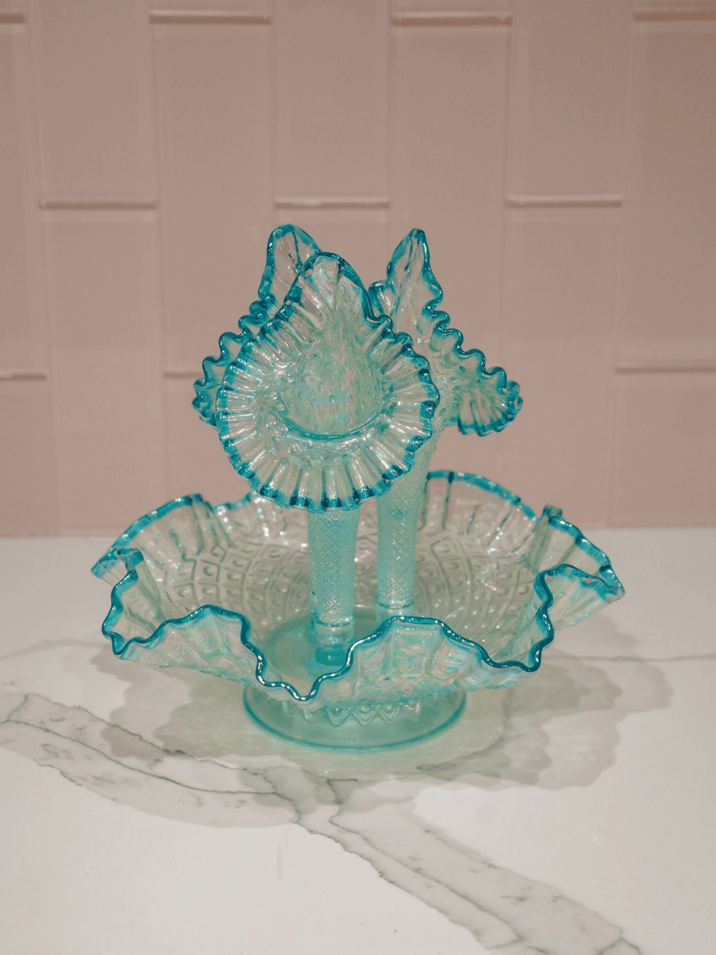 Rare Vintage Opalescent Diamond Hobnail 3 Horn in Fenton Glass