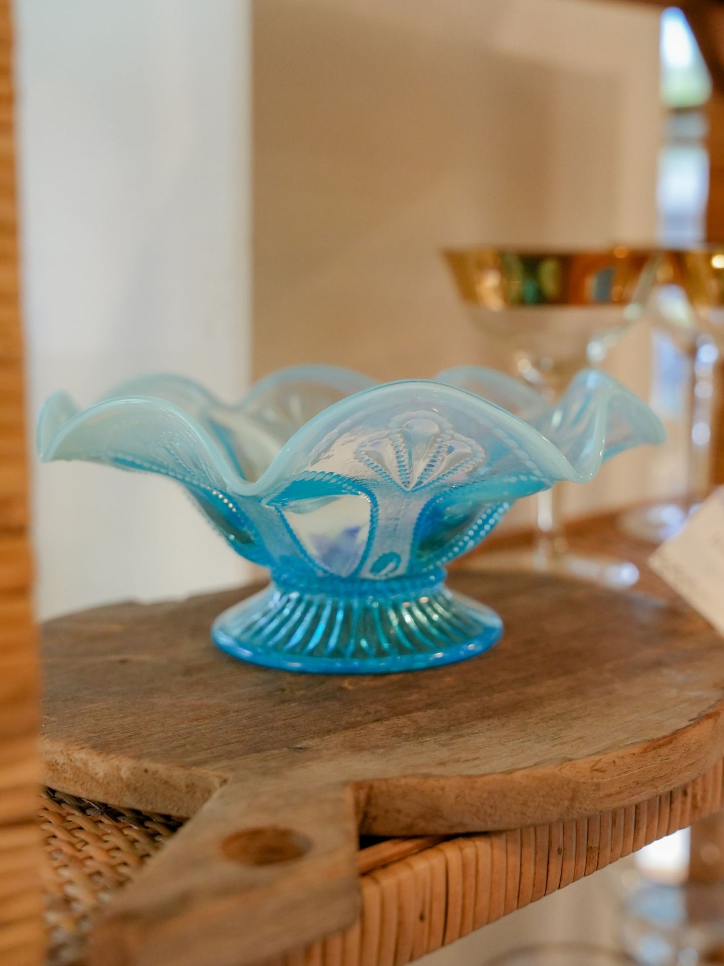 Turquoise Vintage Glass Pedestal Bowl