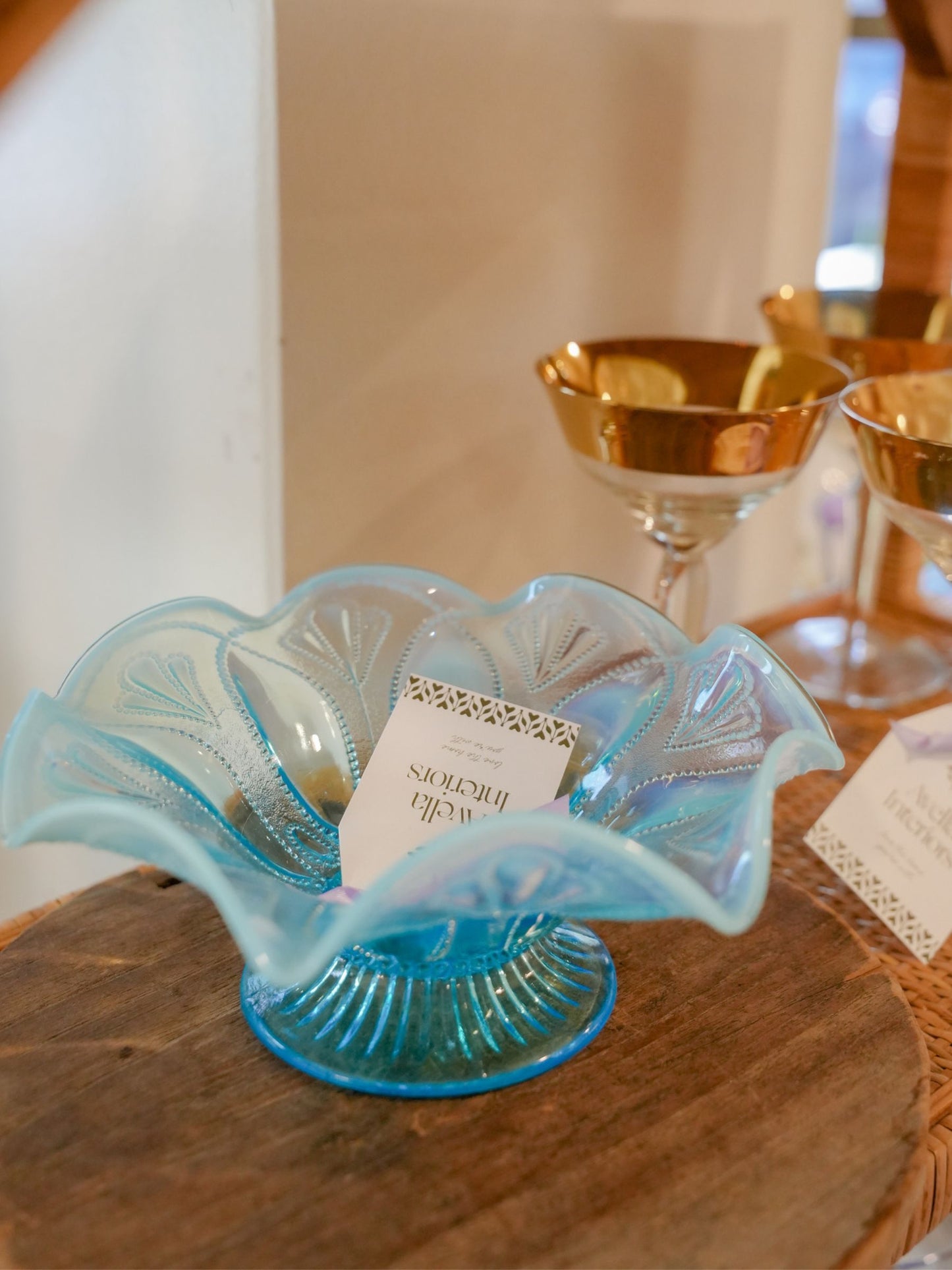 Turquoise Vintage Glass Pedestal Bowl