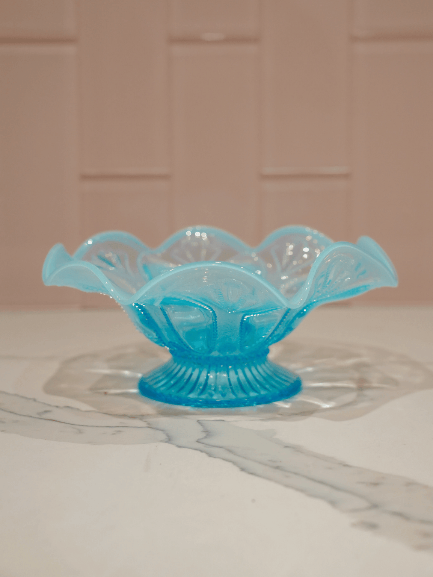 Turquoise Vintage Glass Pedestal Bowl