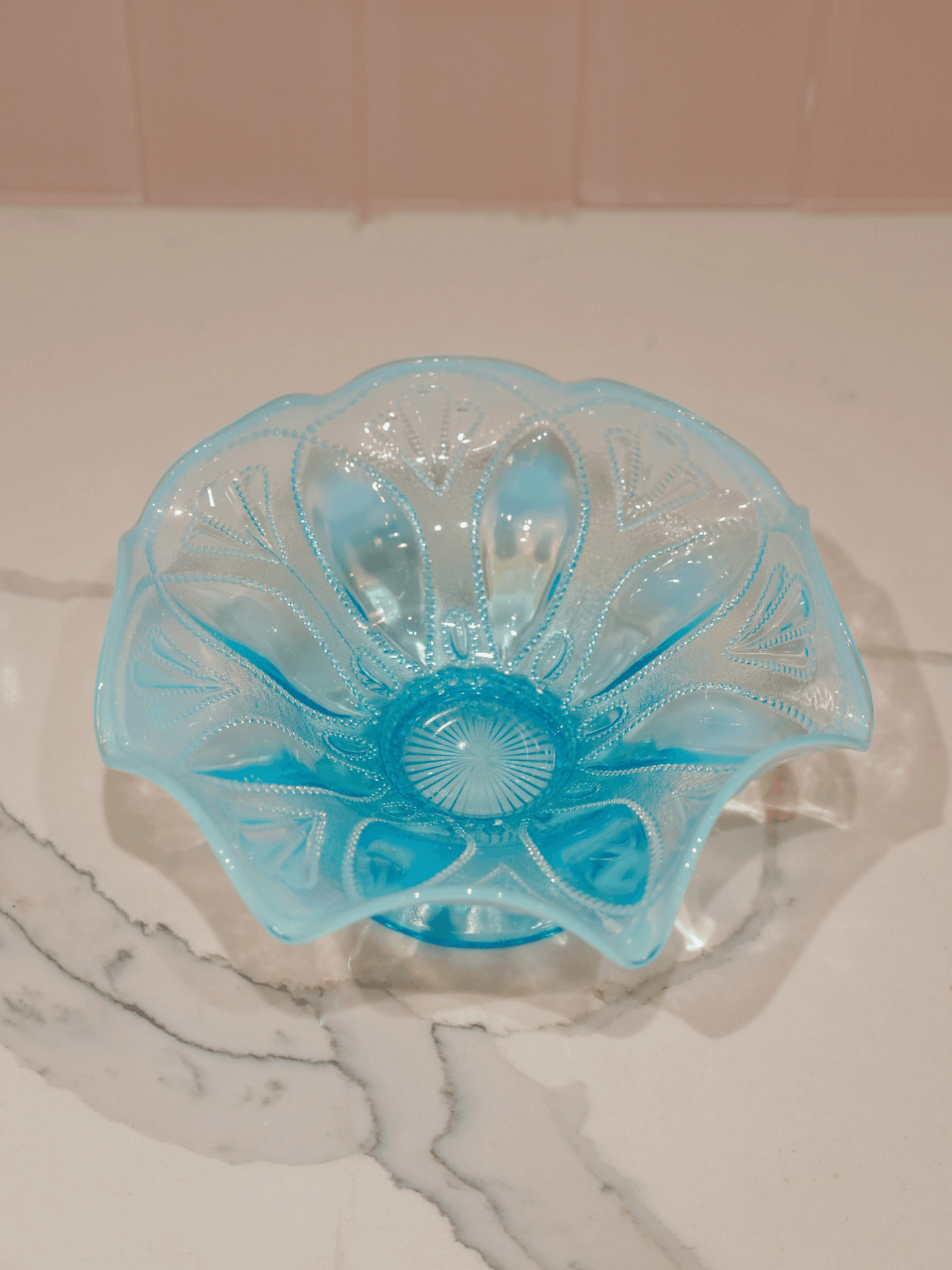 Turquoise Vintage Glass Pedestal Bowl