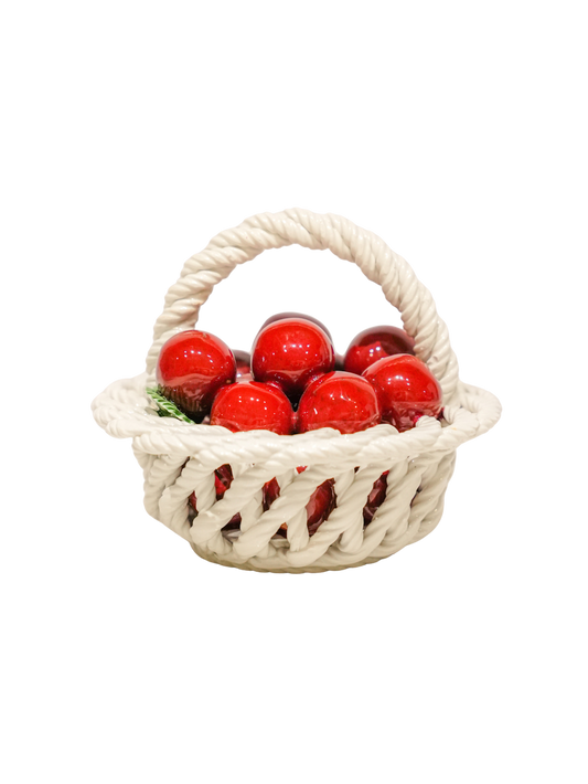 Vintage Italian Ceramic Cherries in Woven White Basket