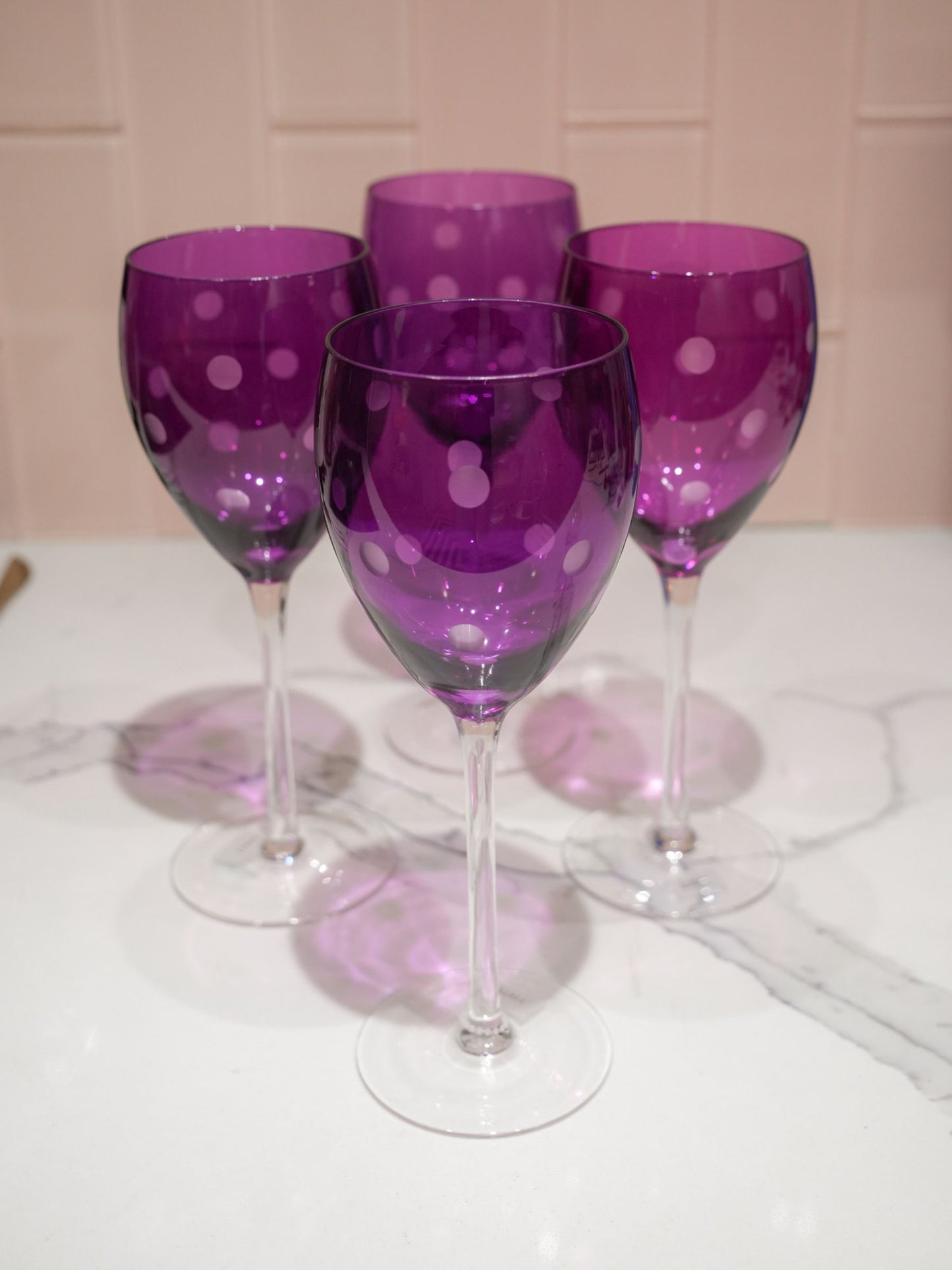 Vintage Purple Tall Stem Wine Glasses with Polka Dots