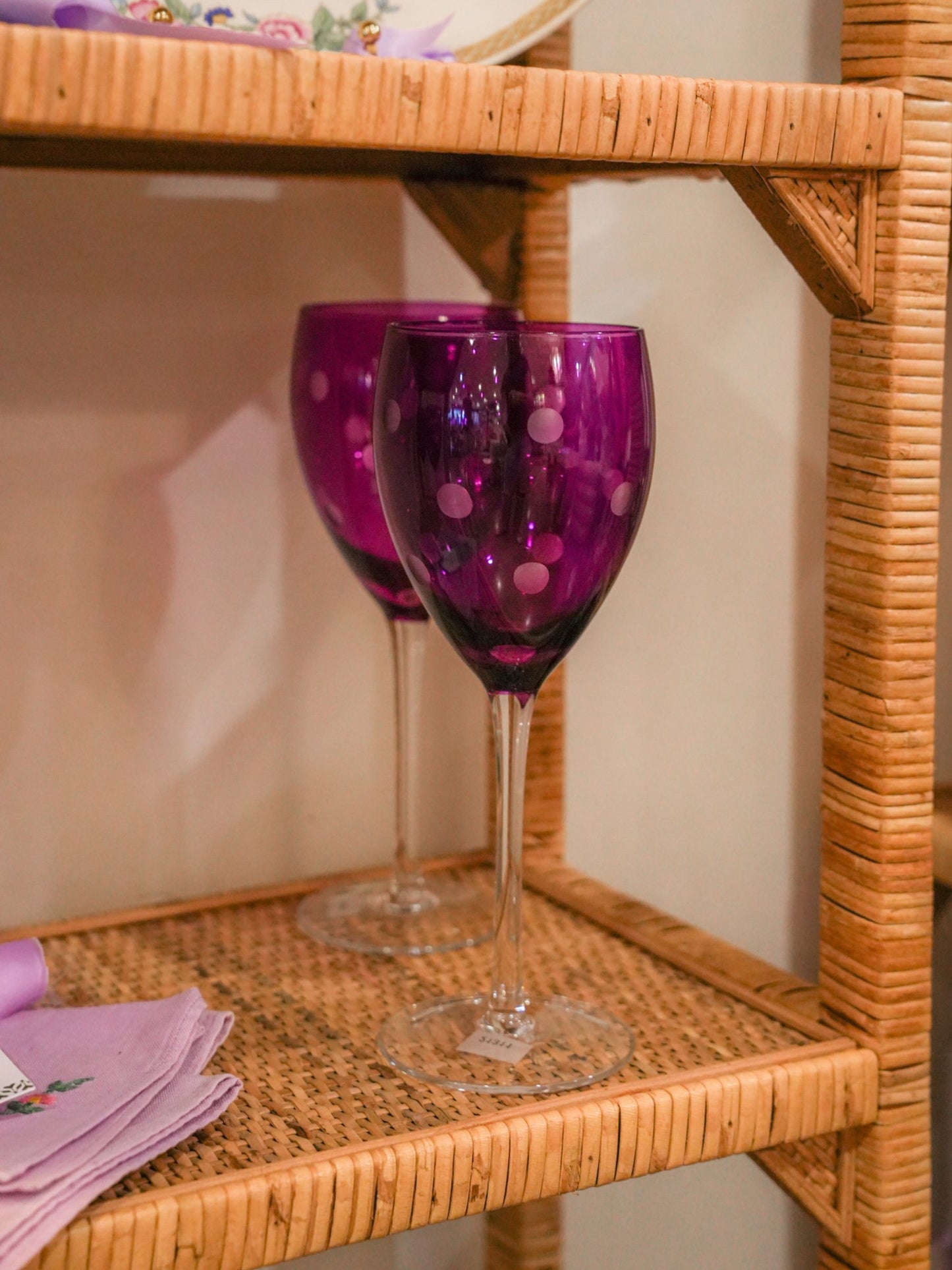 Vintage Purple Tall Stem Wine Glasses with Polka Dots
