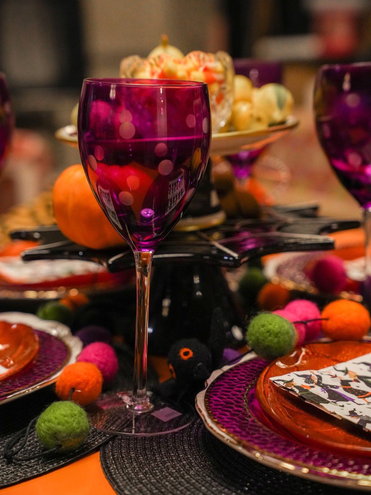Vintage Purple Tall Stem Wine Glasses with Polka Dots
